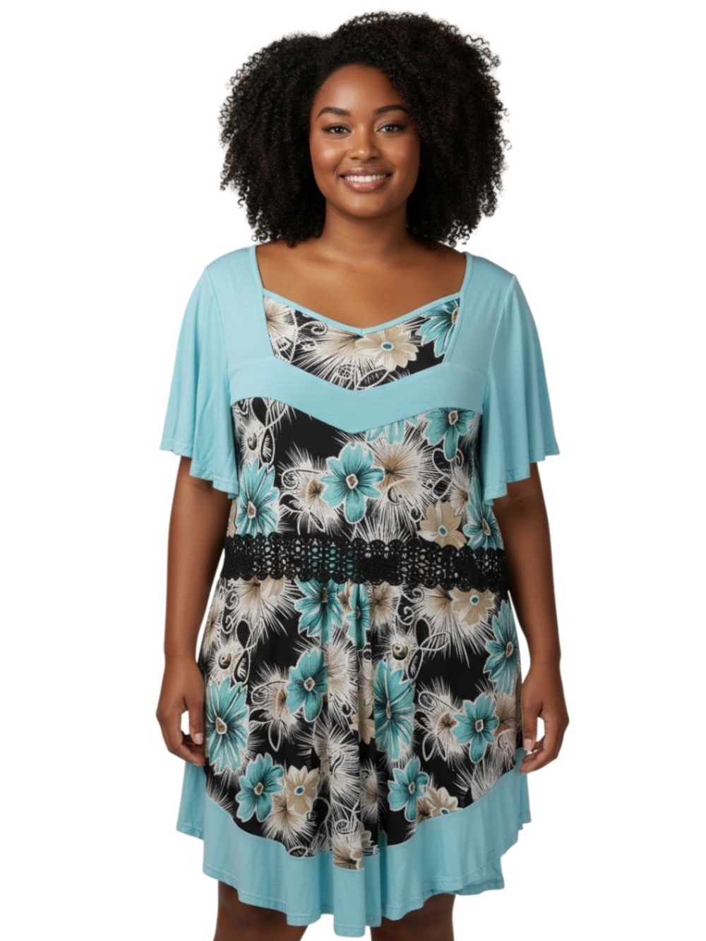 Rosegal Aqua and Black Floral Midi Dress